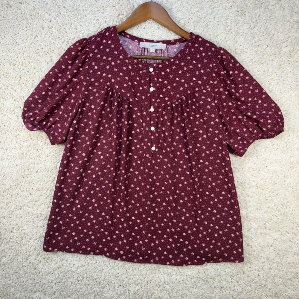 LOFT Floral Blouse Womens Medium Burgundy Puff Sleeve Boho Button Front Top